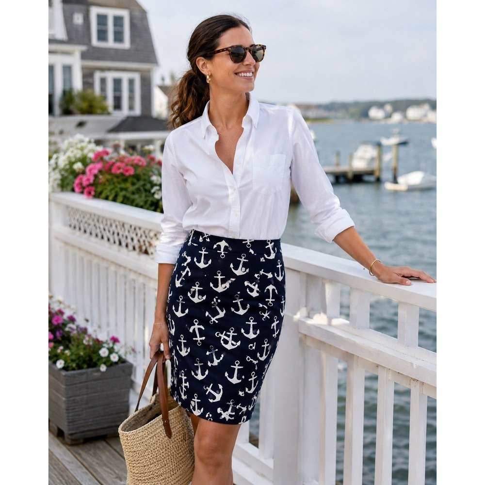 J Crew Pencil Skirt 10 Sailor Anchor Nautical Mini Navy Blue Stretch Preppy
